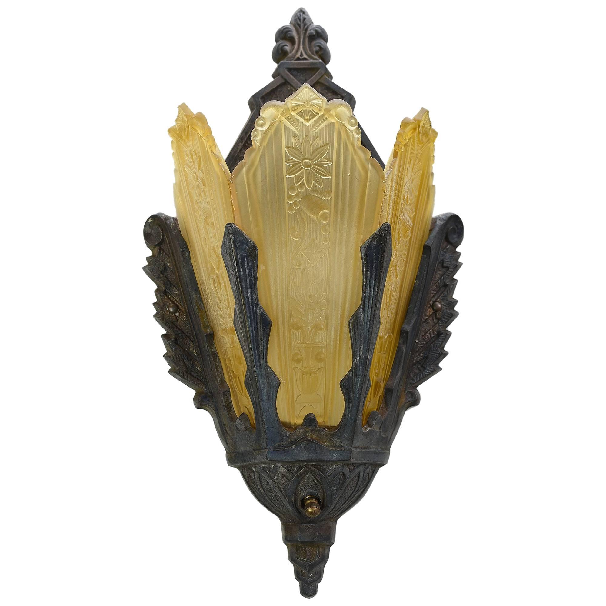 "Markel" Amber Frosted Art Deco Slip Shade Sconces
