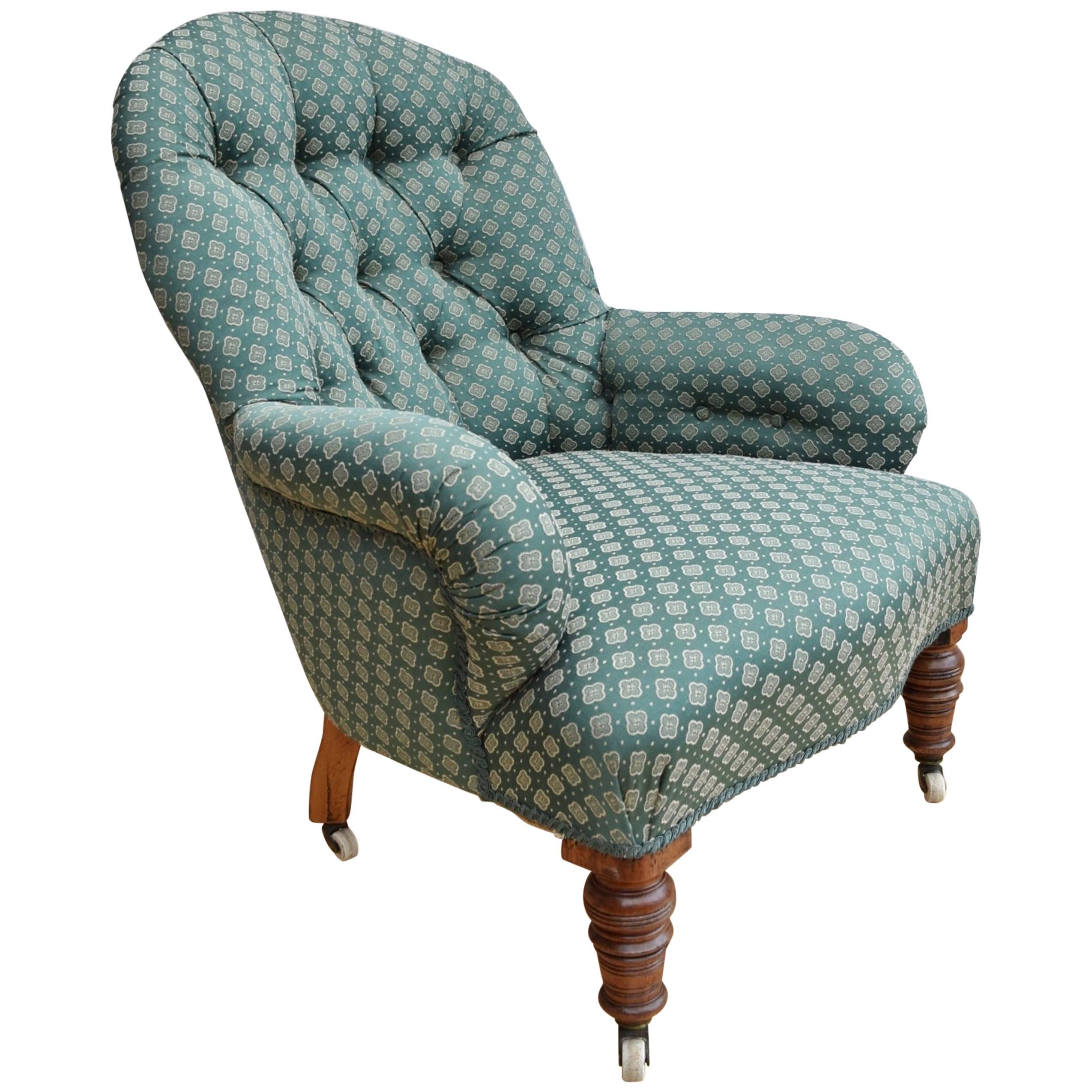 Victorian Antique Walnut Lounge Armchair Newly Upholstered