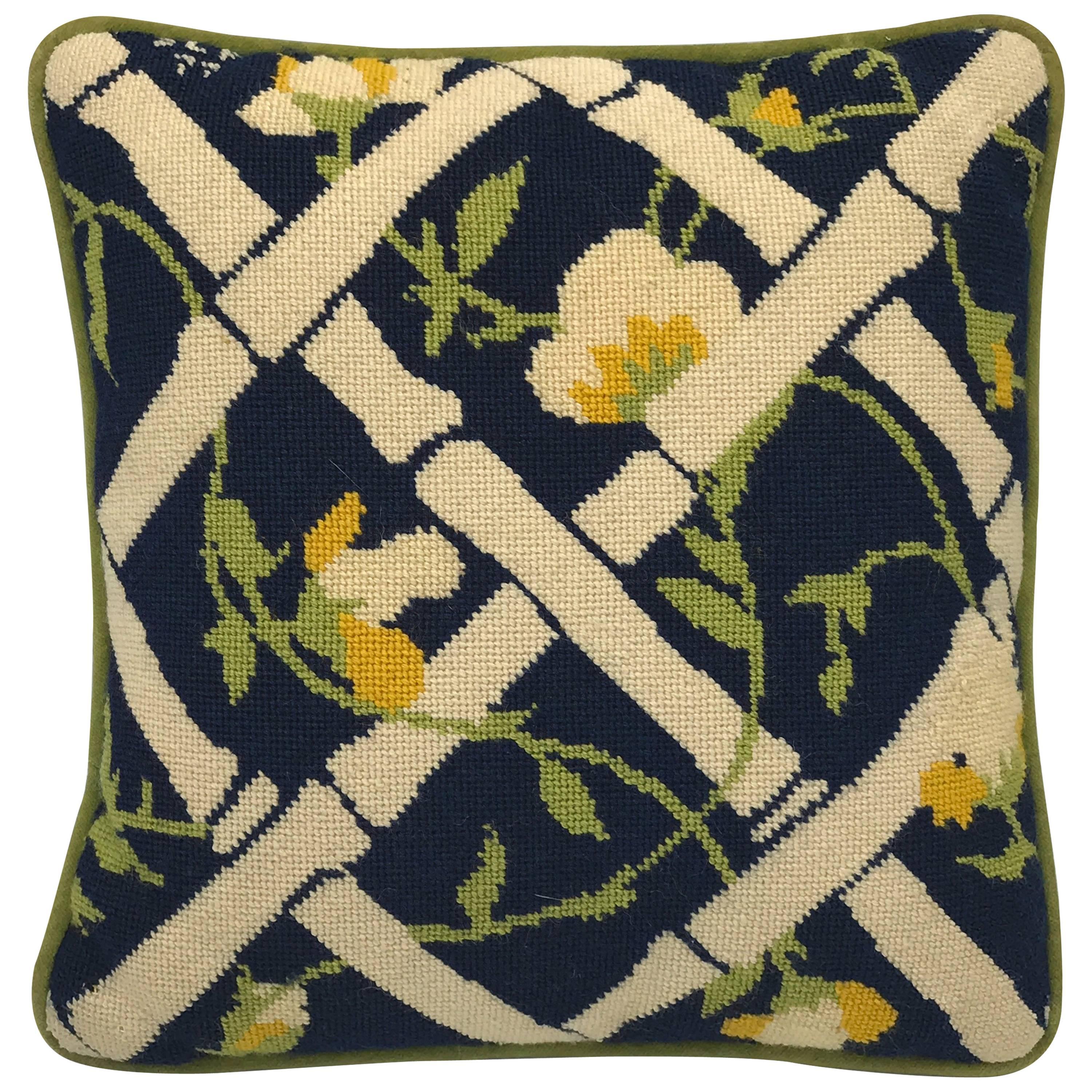 1960s Bamboo and Sweet Pea Needlepoint Pillow with Velvet Backing