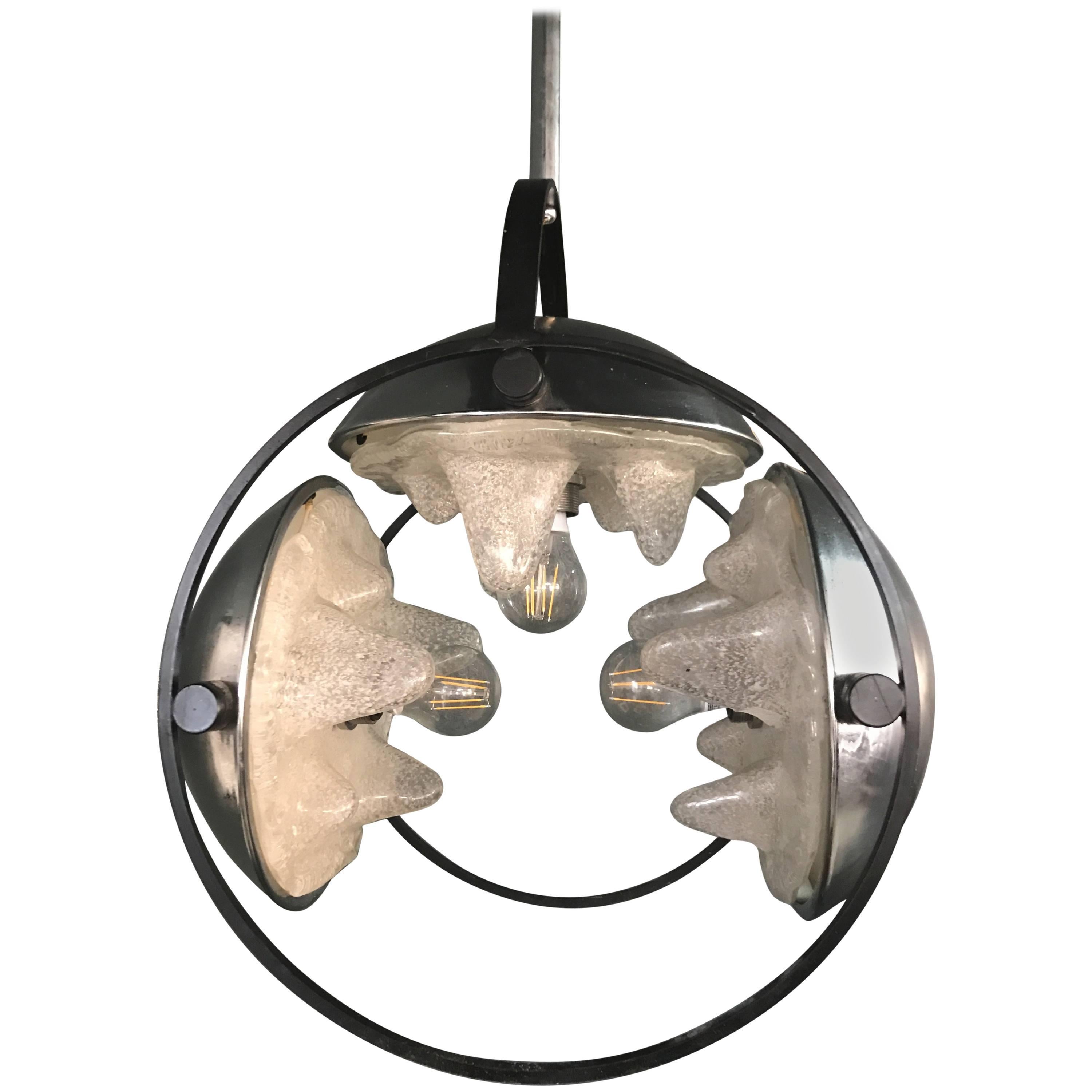 Space Age Chandelier by Mazzega, circa 1970, Murano Glass, Chrome and Iron Frame