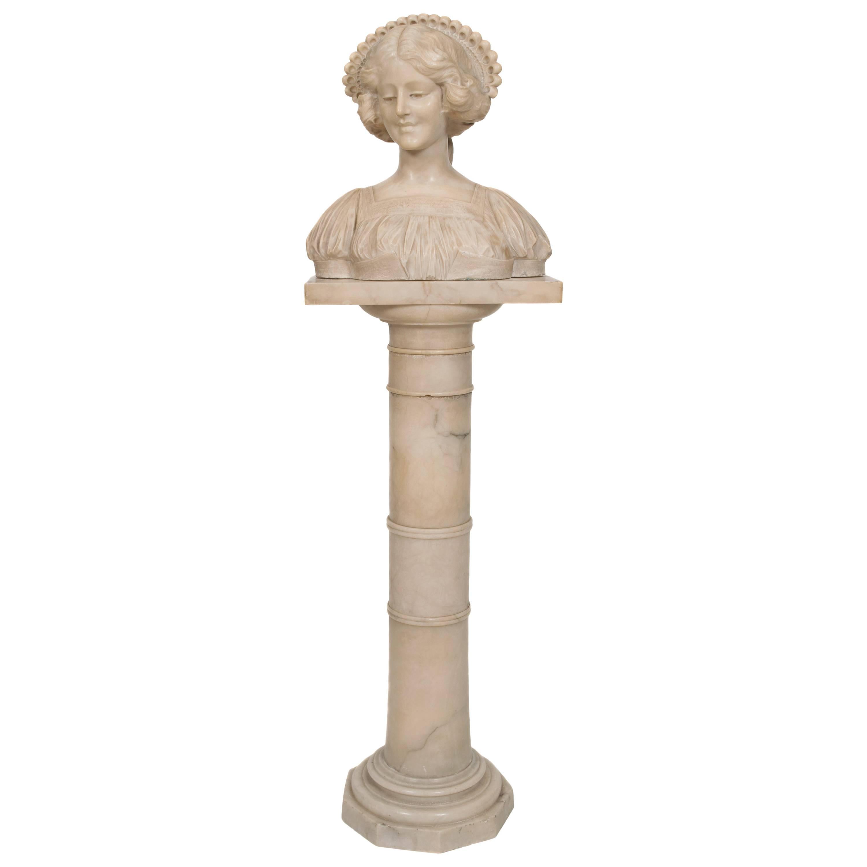 Italian Marble Female Bust with Pedestal, Early 20th Century For Sale