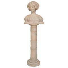Italian Marble Female Bust with Pedestal, Early 20th Century