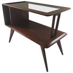 Signed Fabri-Ass, End Table or Magazine Holder Two-Tier Glass Walnut Side Table