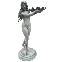 Vintage Large Bronze Fountain with a Woman Holding a Shell