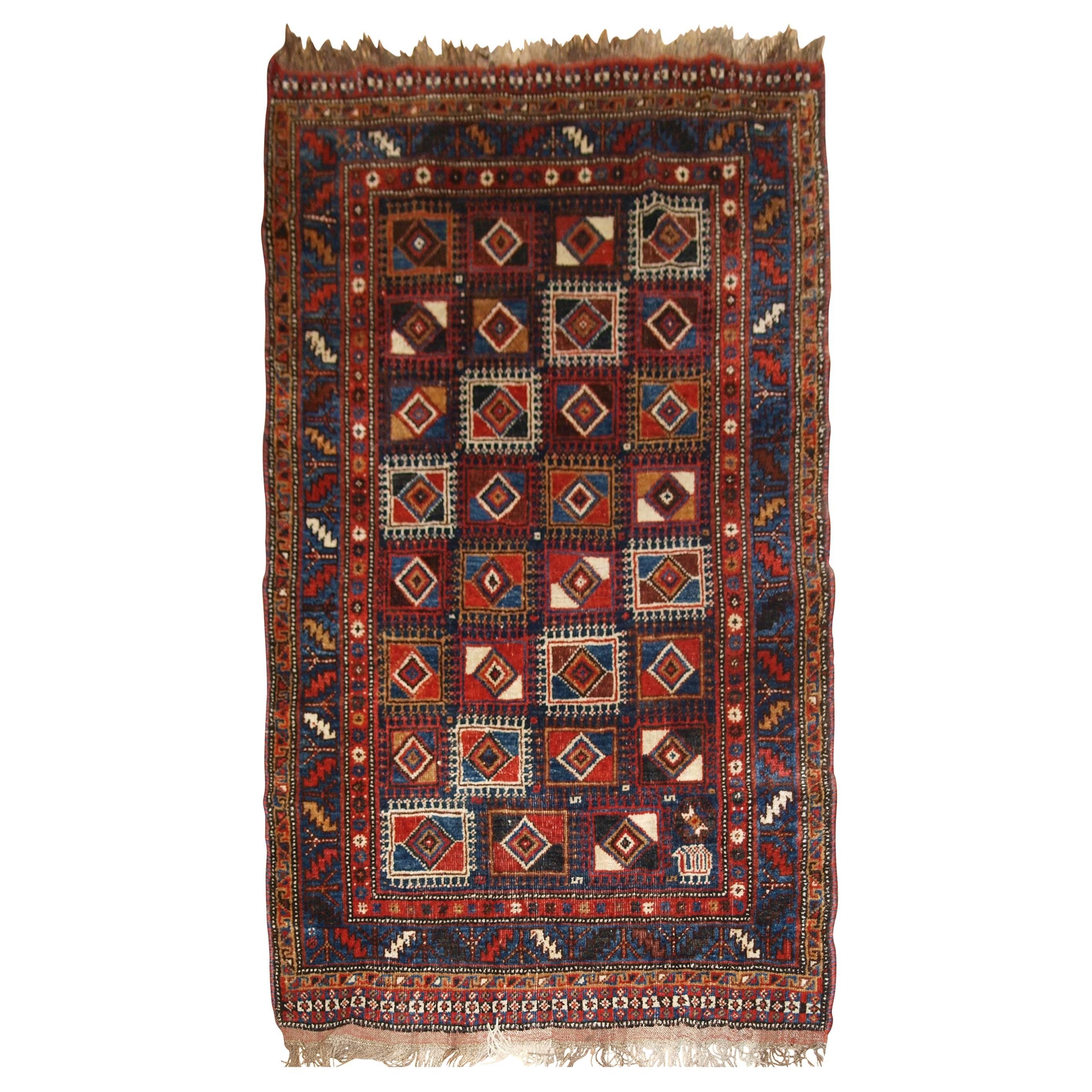 Antique Persian Qashqai Long Rug with Very Unusual Box Design For Sale