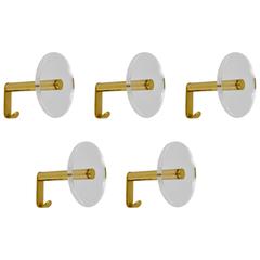 Five Mid-Century Brass Coat Wall Hooks with Round Lucite Discs, Italy, 1970s