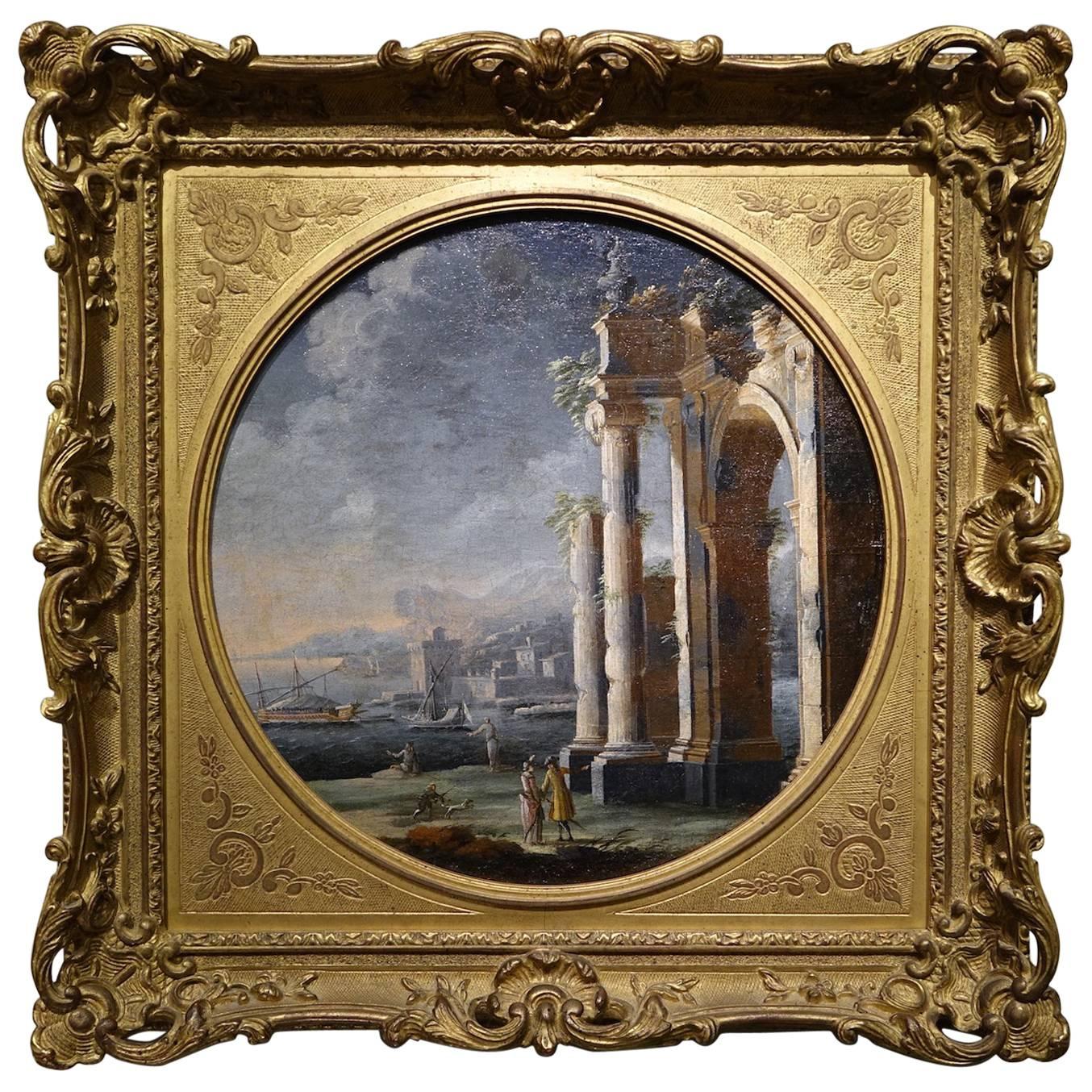 Ancient Ruins, Oil on Canvas Attributed to Leonardo Coccorante, Italy 18th Centuy