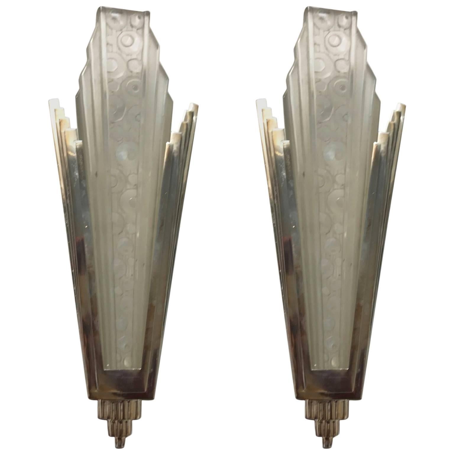 Pair of French Art Deco Sconces with Geometric and Skyscraper Motif