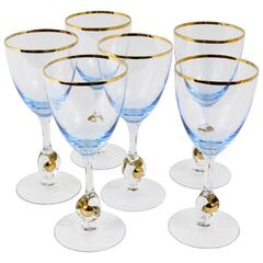 Six Beautiful Light Blue and Gold Wine or Water Glasses, Bohemia, 1960s 9