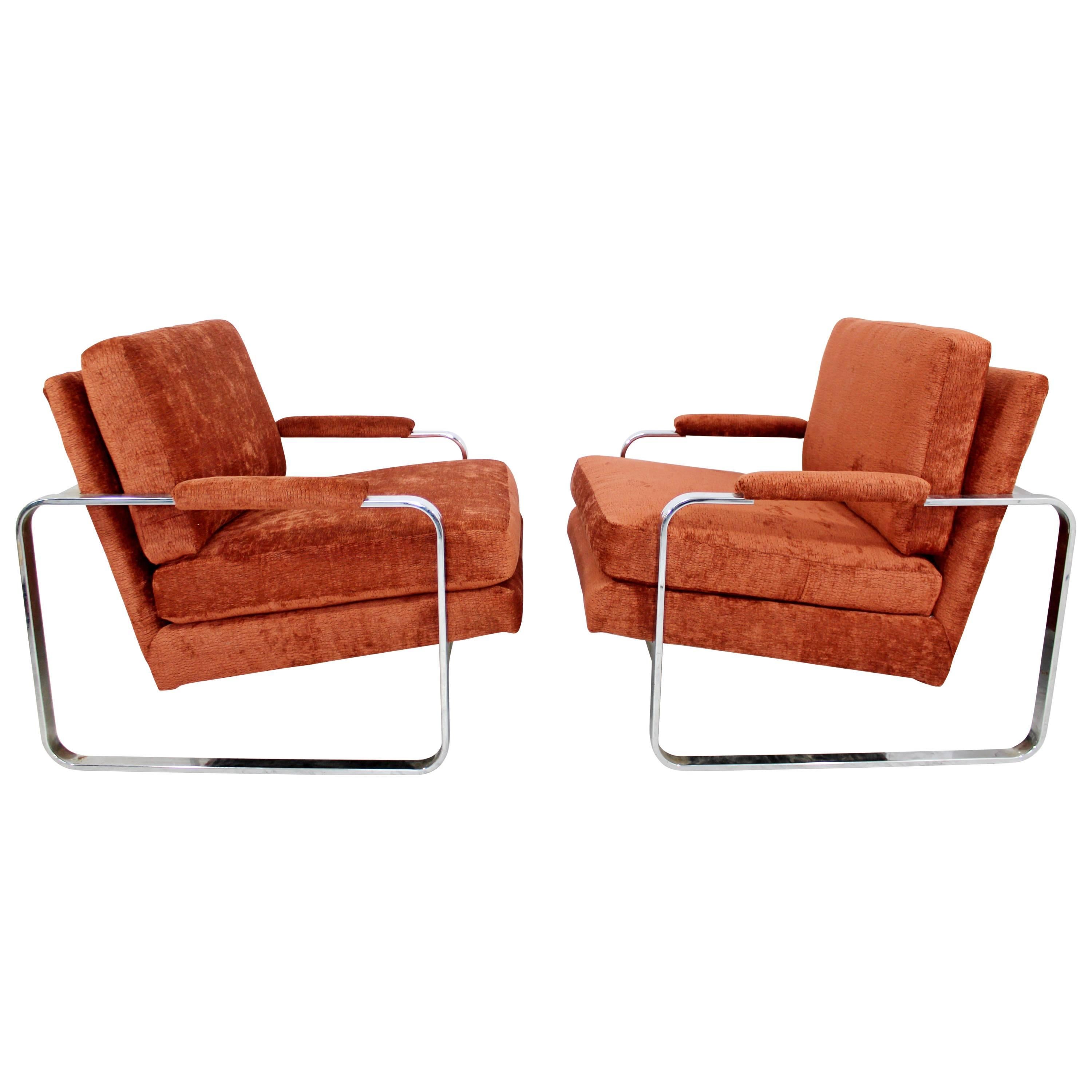 Mid-Century Pair of Milo Baughman Flat Bar Chrome Lounge Chairs
