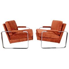 Mid-Century Pair of Milo Baughman Flat Bar Chrome Lounge Chairs
