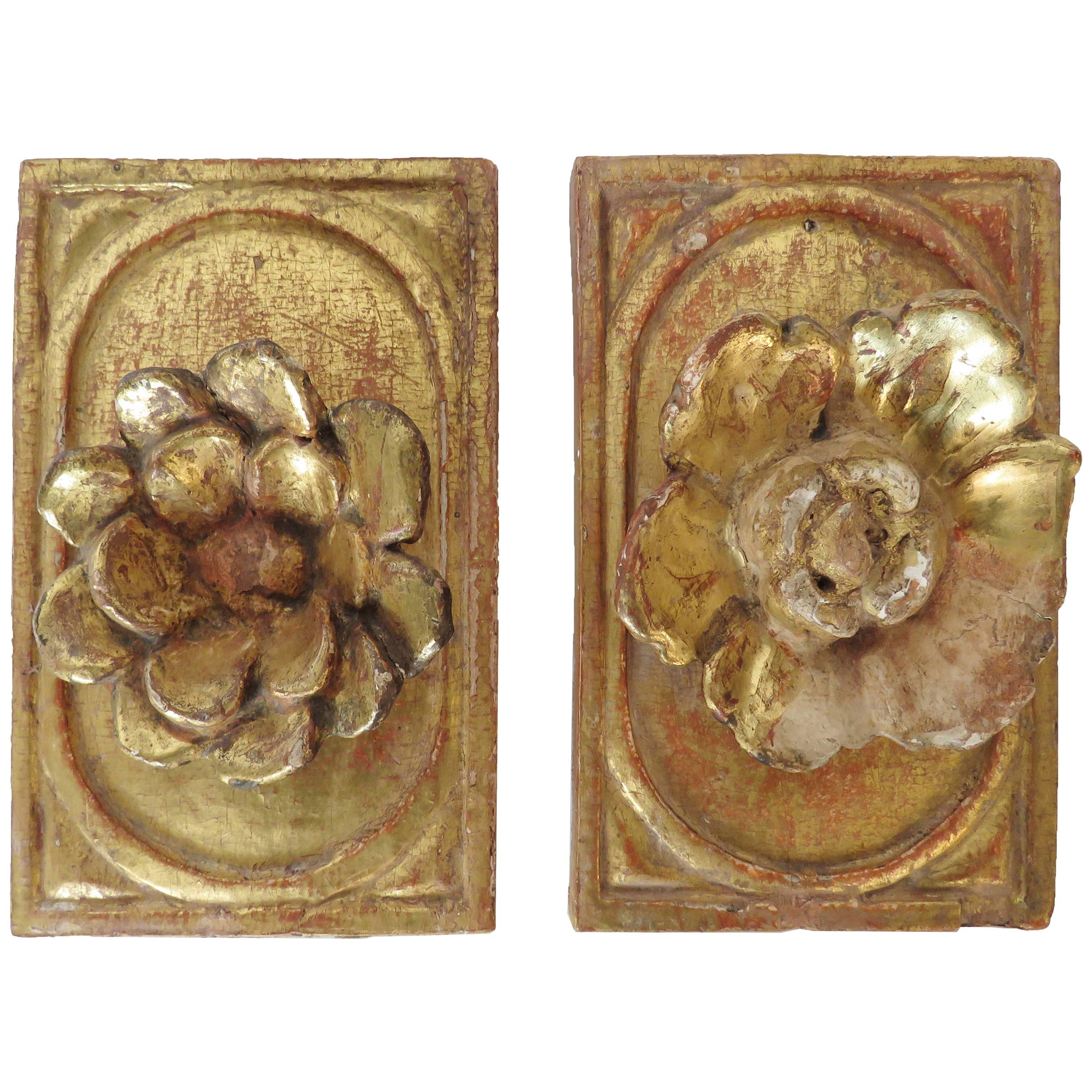 18th Century Pair of Giltwood Floral Wall Plaques