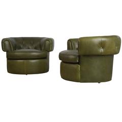 Vintage Pair of 1950s Tufted Barrel Chairs in Forest Green Leather, Restored