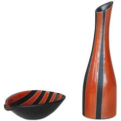 Vintage Matching Red and Black Striped Vase and Ashtray by Müller Luzern, Swiss Made