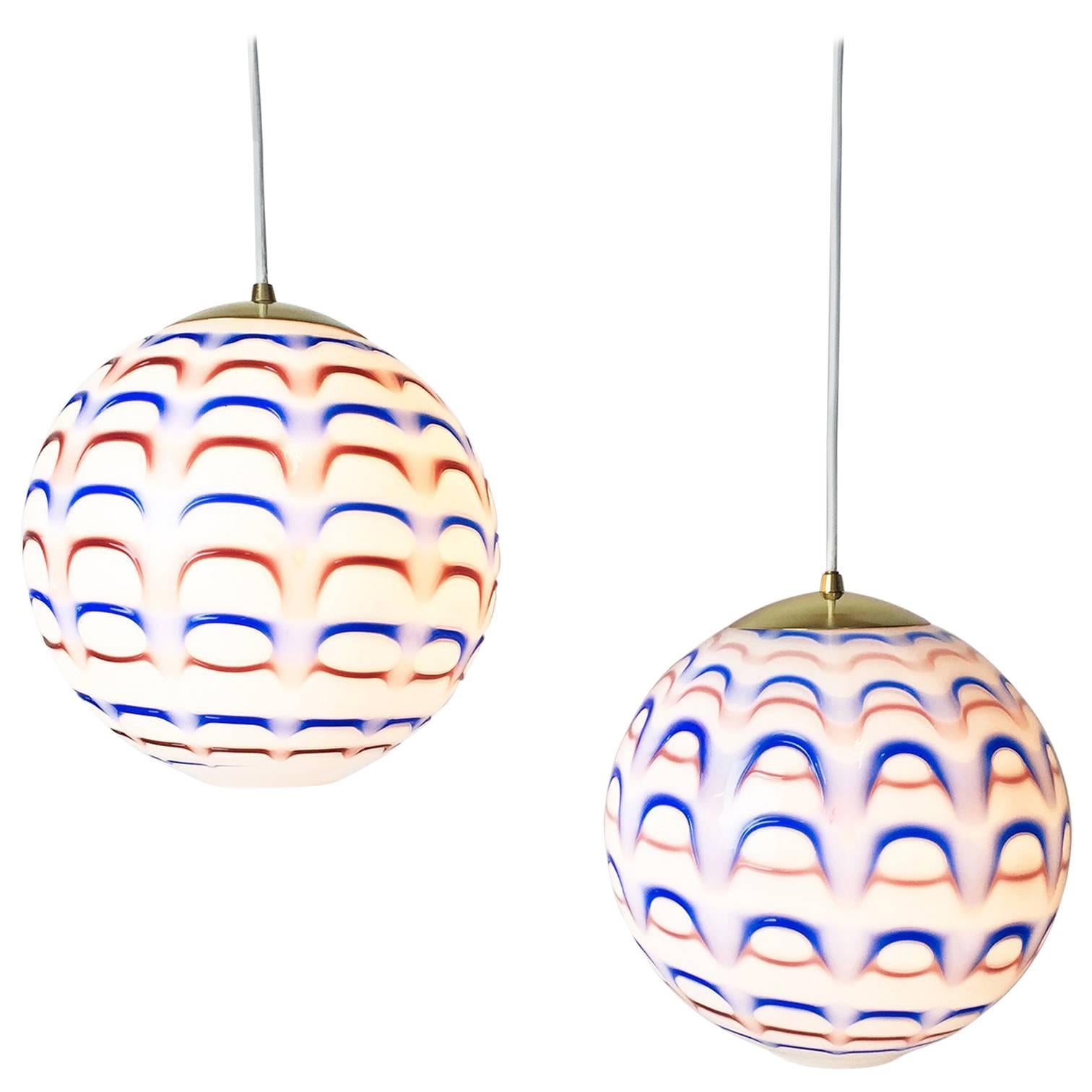 Pair of Vintage Mid Century Italian Murano Art Glass Globe Pendant Lights, 1960s