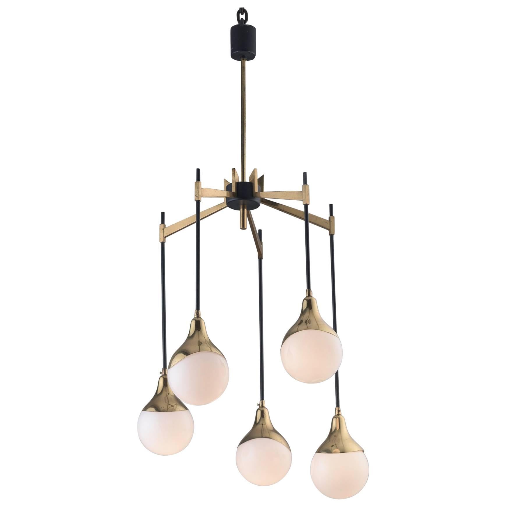 Stilnovo Brass or Opaline Glass Chandelier