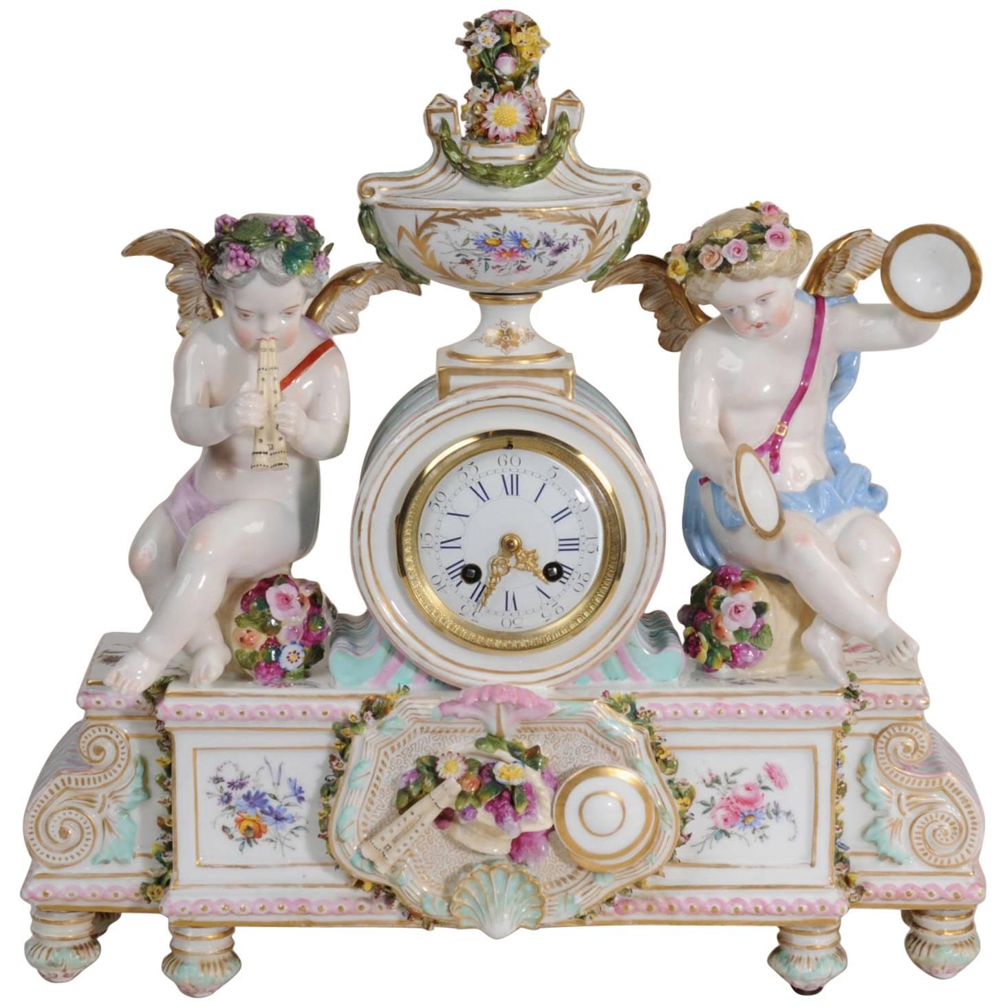 Large Antique French Meissen Style Porcelain Clock Music, circa 1880