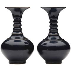Pair Antique Chinese Blue Glazed Collared Vases 19th Century