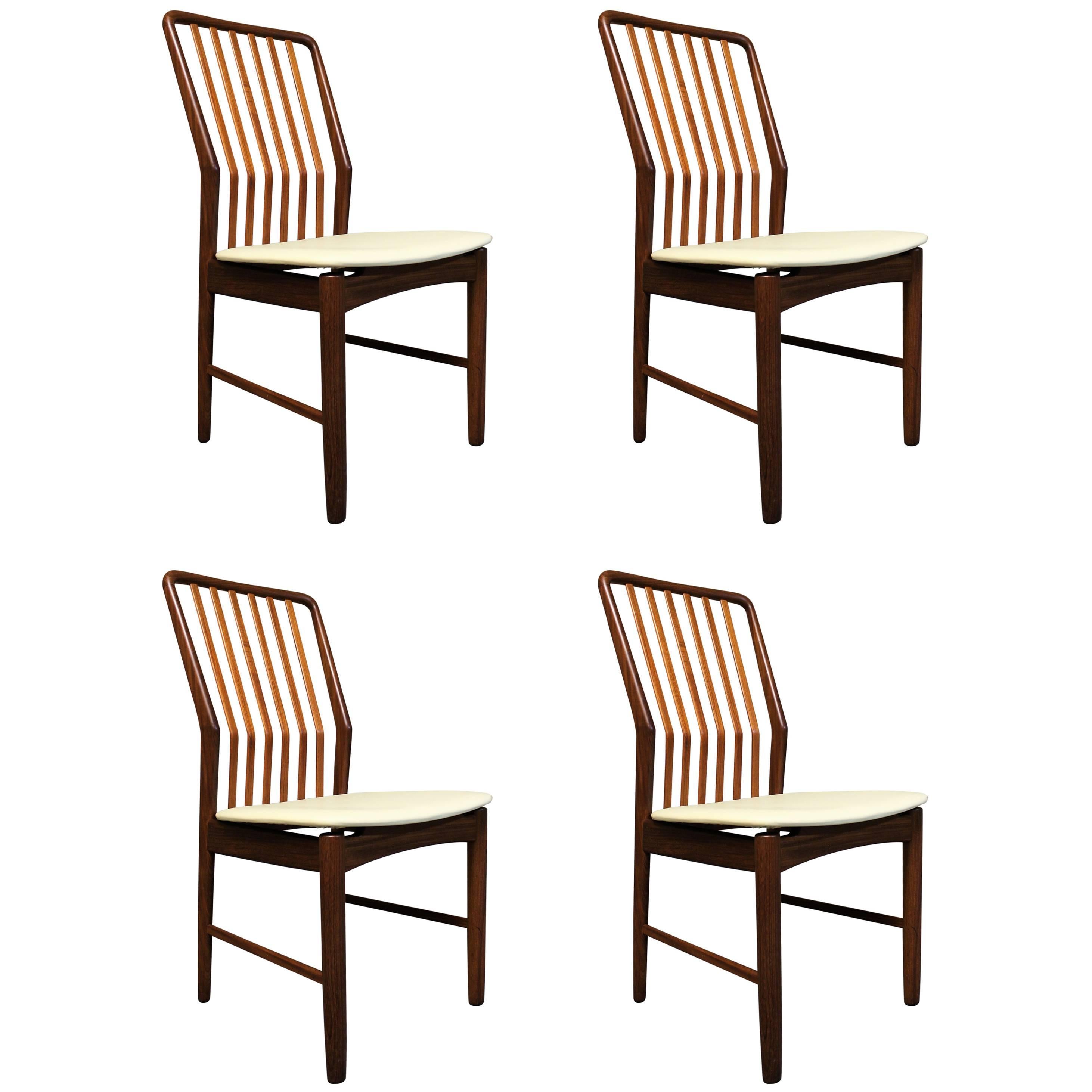 Four Svend Madsen Afromosia Wood and Leather Danish Dining Chairs