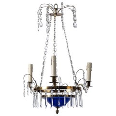 Swedish Crystal and Blue Glass Three-Light Chandelier