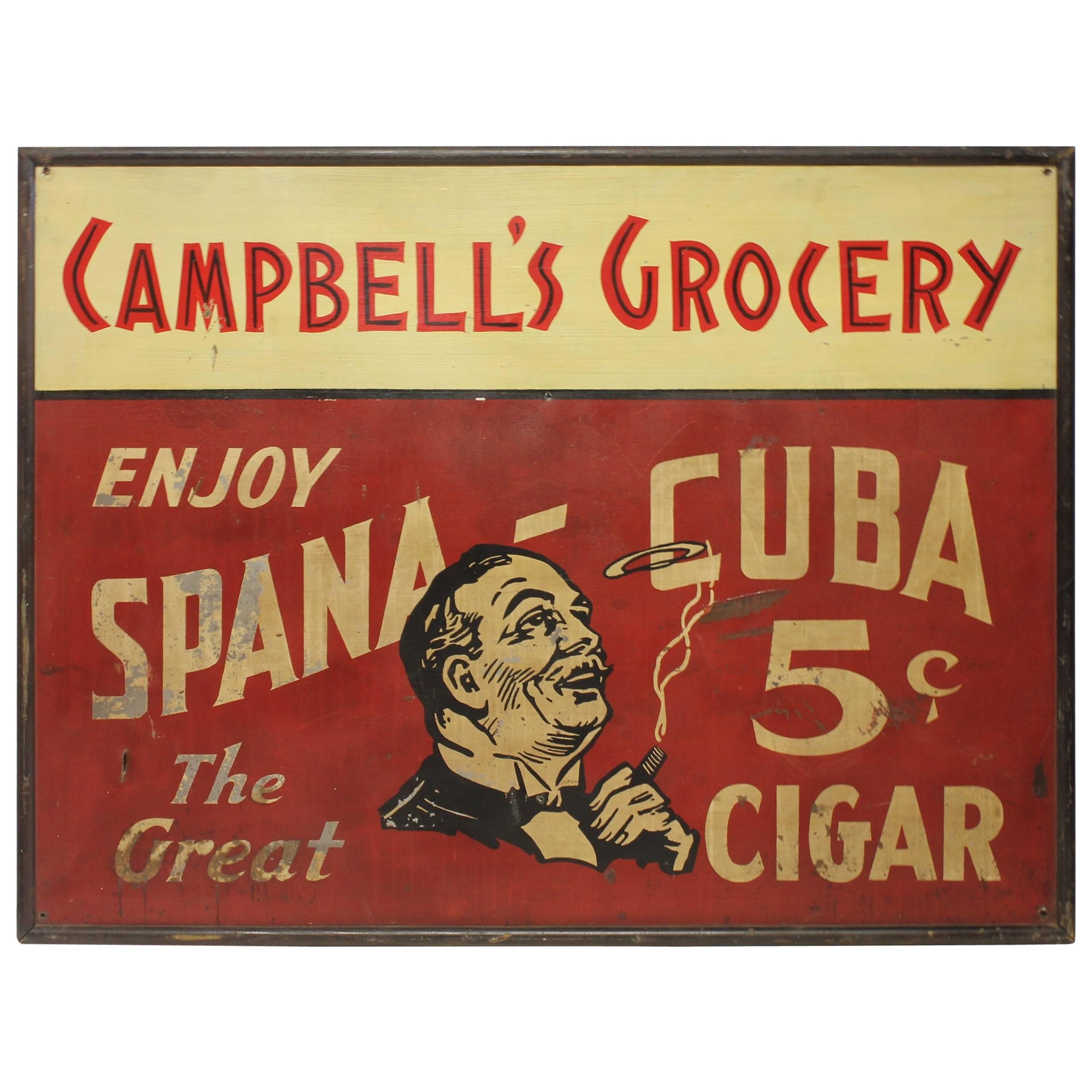 Large 1900s American Hand-Painted Cigar Tin Sign
