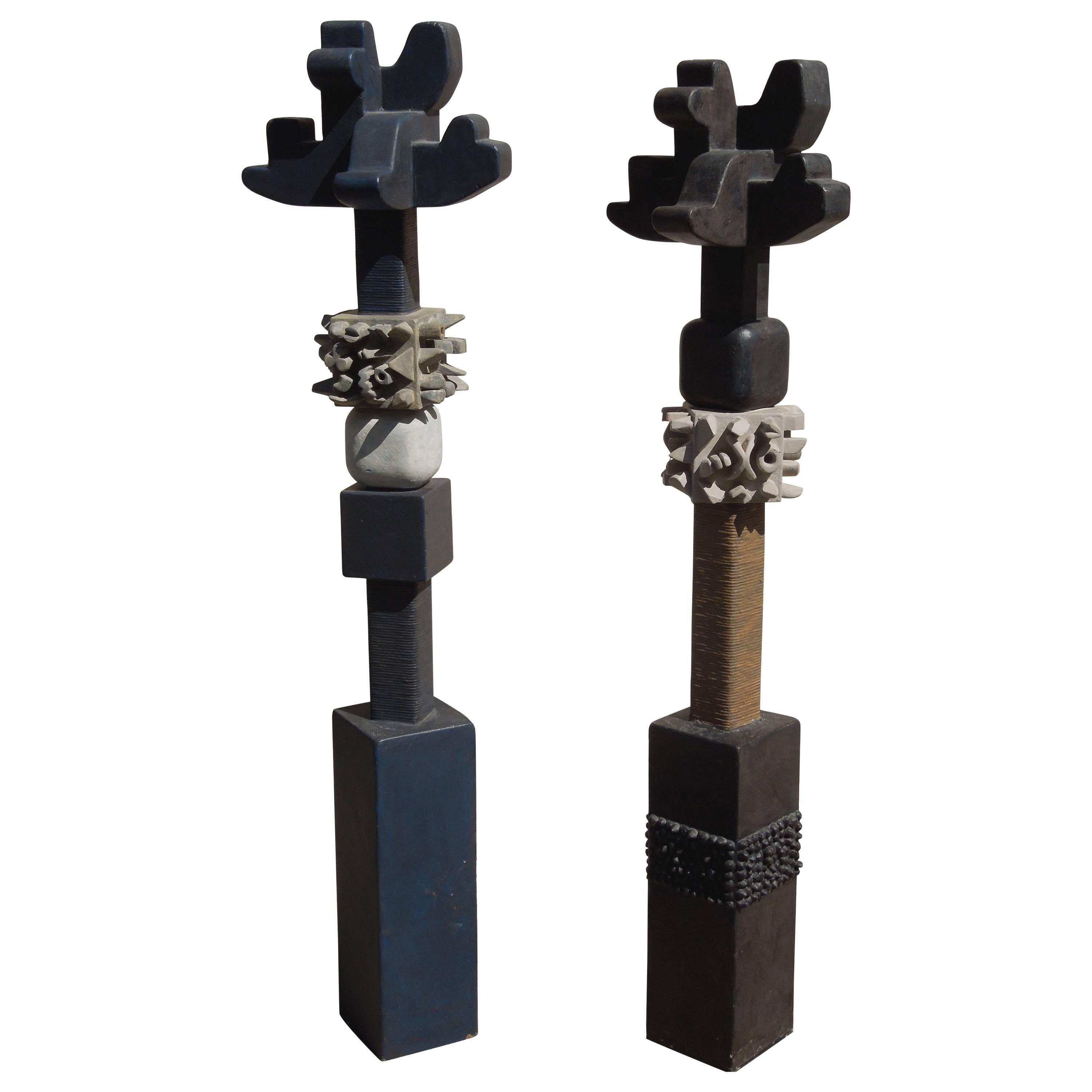 Pair of Rare Andy Nelson Modern Art Wood TOTEM Sculptures from Artist's Estate