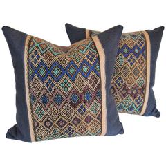 Pair of Custom Pillows Cut from a Vintage Hand Loomed Wool Moroccan Berber Rug