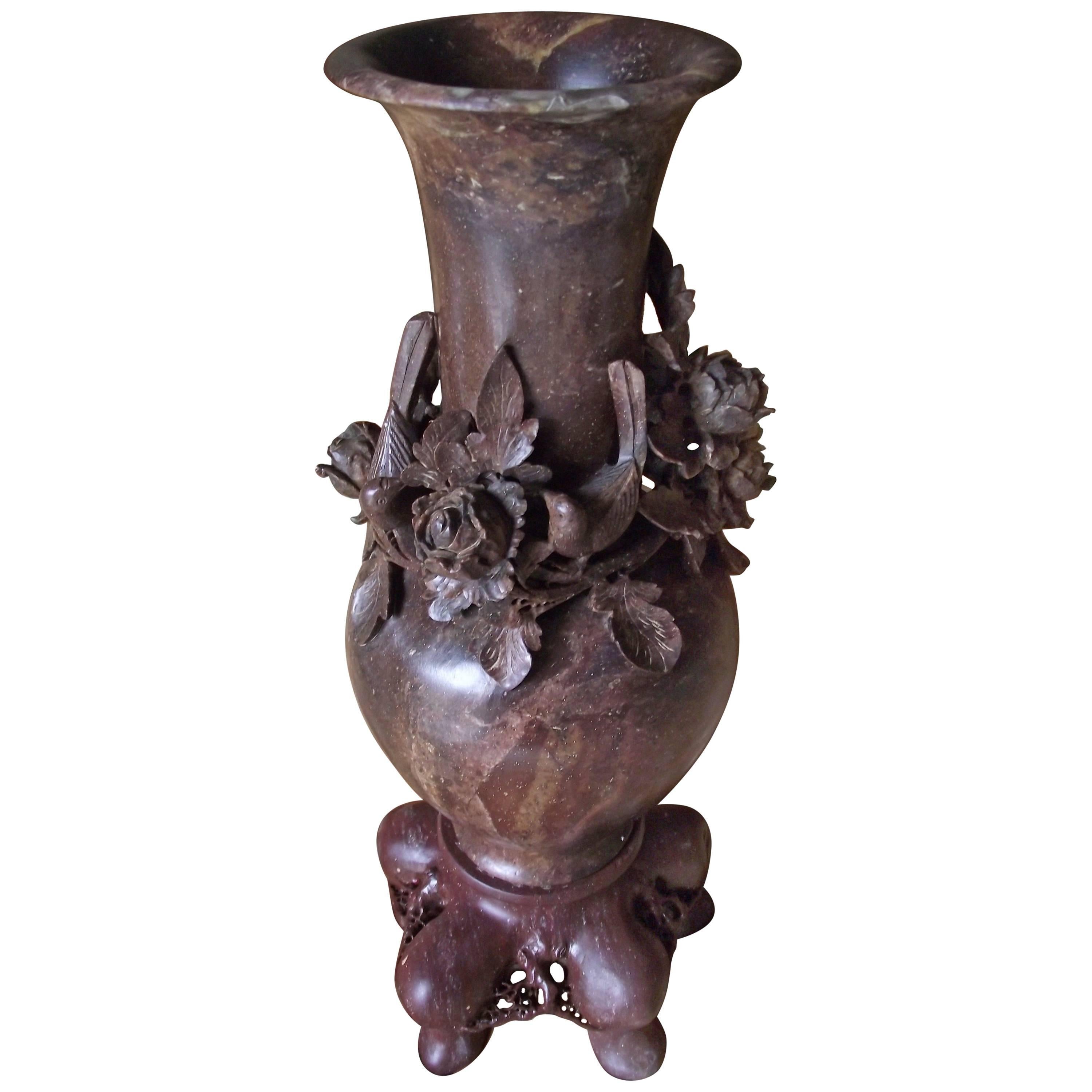 Carved Stone Vase, Oriental Style Carved Brown Soapstone Vase For Sale