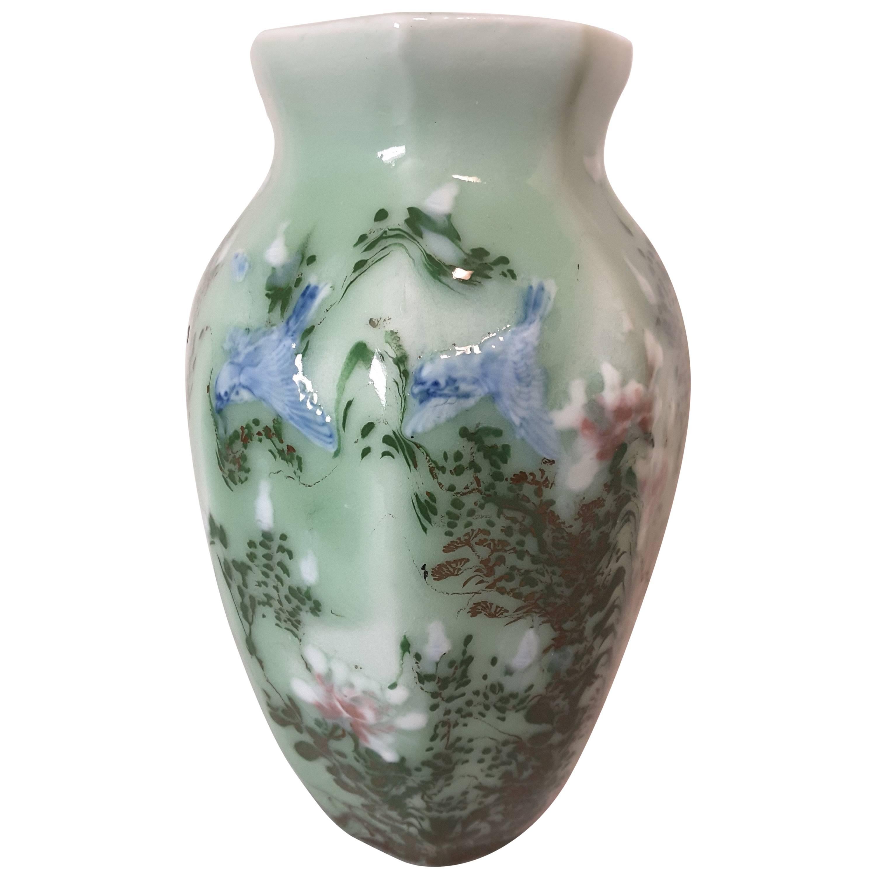 Chinese Celadon Blue Bird and Floral Decorated Hexagon Vase