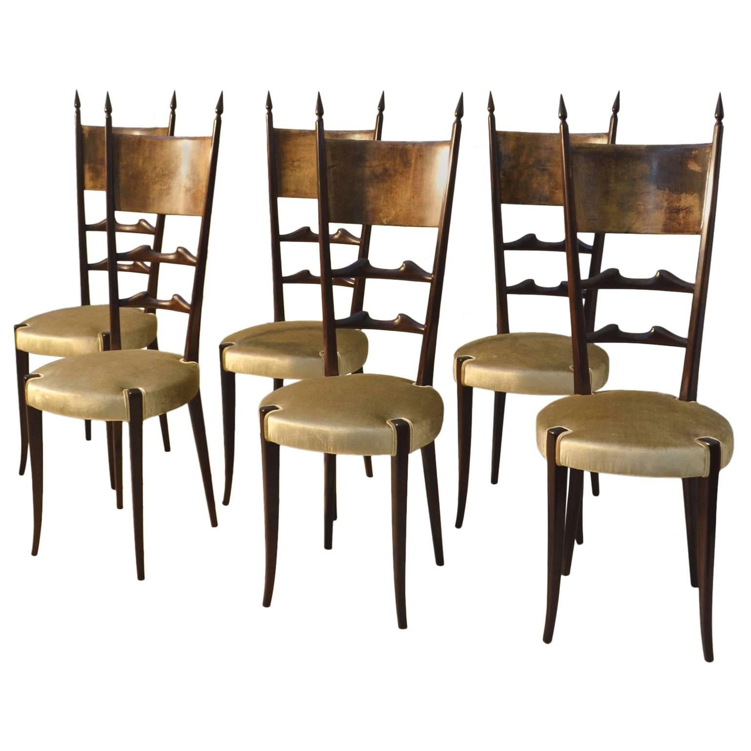 1950s Set of Six Aldo Tura Parchment and Ebonized Wood Dining Chairs