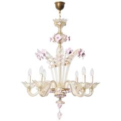 Vintage Six-Light Murano Chandelier with Pink Flowers