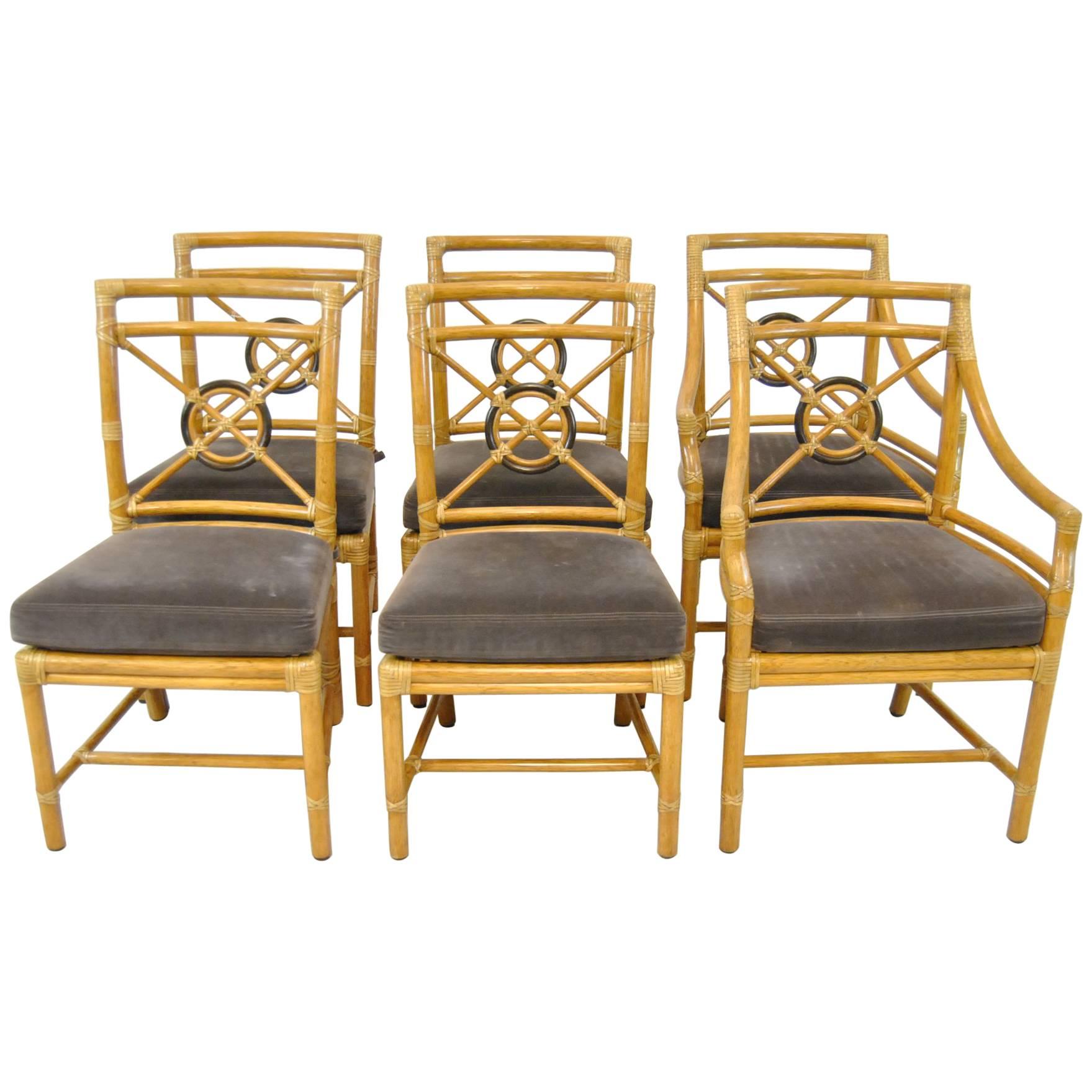 Set of Six Target Back Rattan Chairs by McGuire