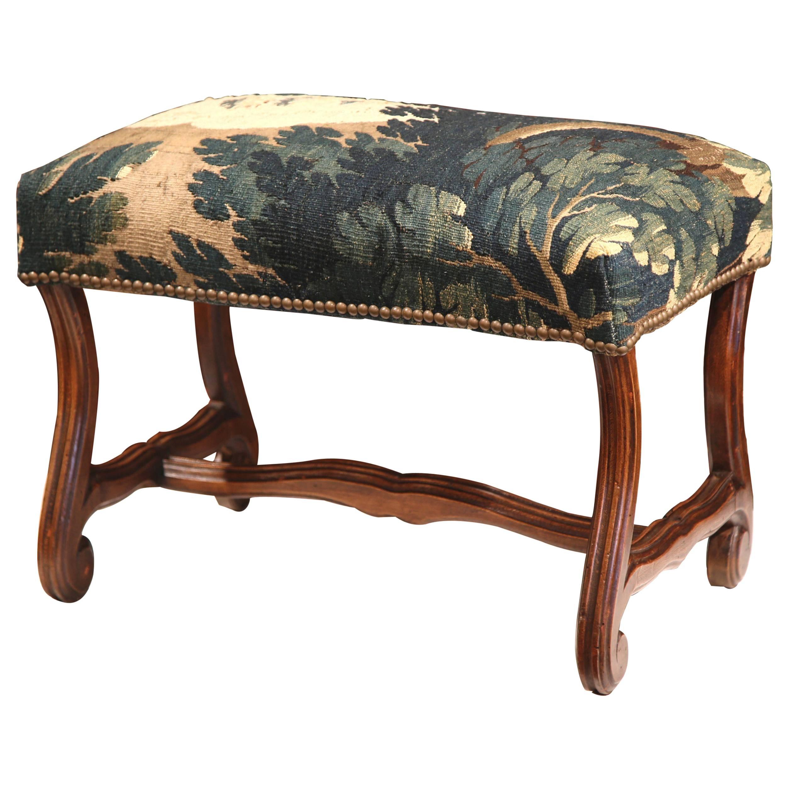 Late 19th Century French Louis XIII Carved Walnut Stool with Aubusson Tapestry