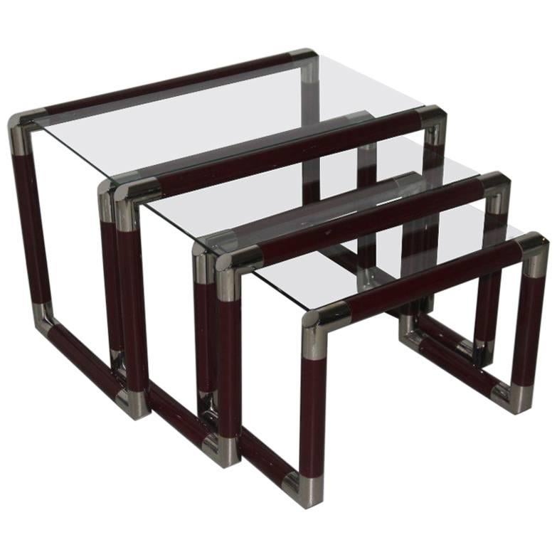 Triptych Nesting Tables 1960 Italian Design Lacquered Metal Chrome For Sale