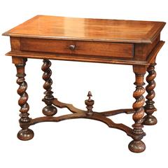 18th Century, French, Louis XIII Carved Walnut Table Desk with Barley Twist Legs