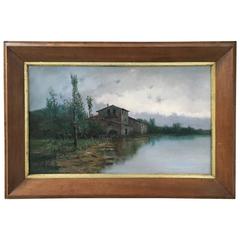 19th Century Lake House Oil on Canvas Painting 5