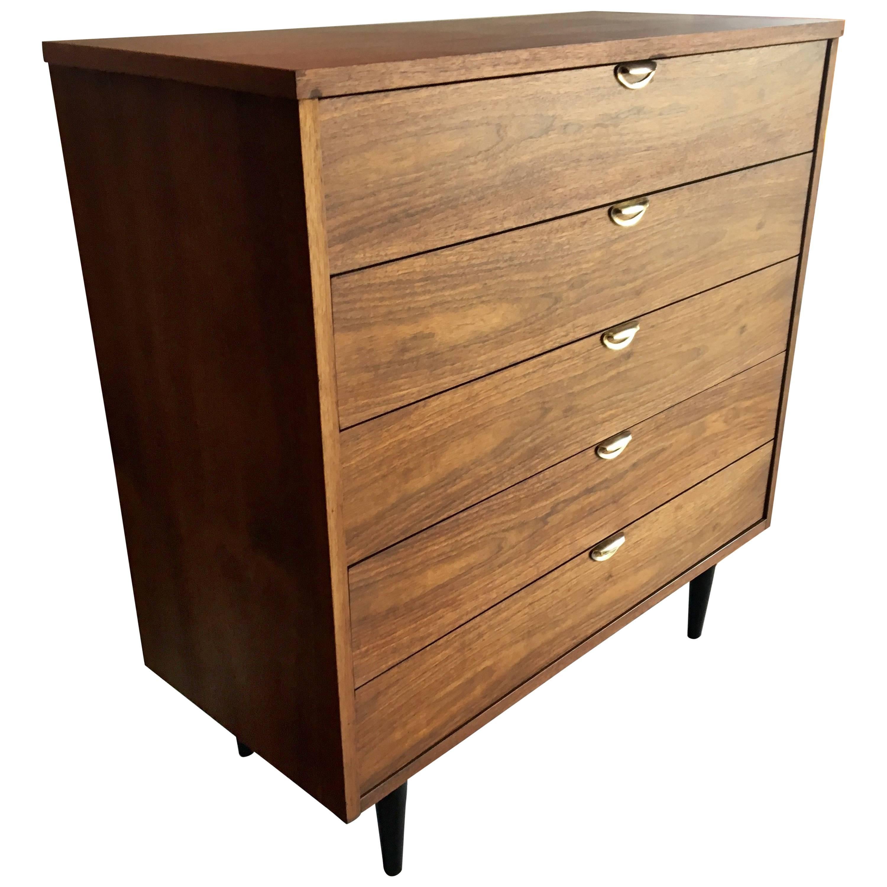 American Mid-Century Modern Walnut Tallboy Chest of Drawers Brass Pulls