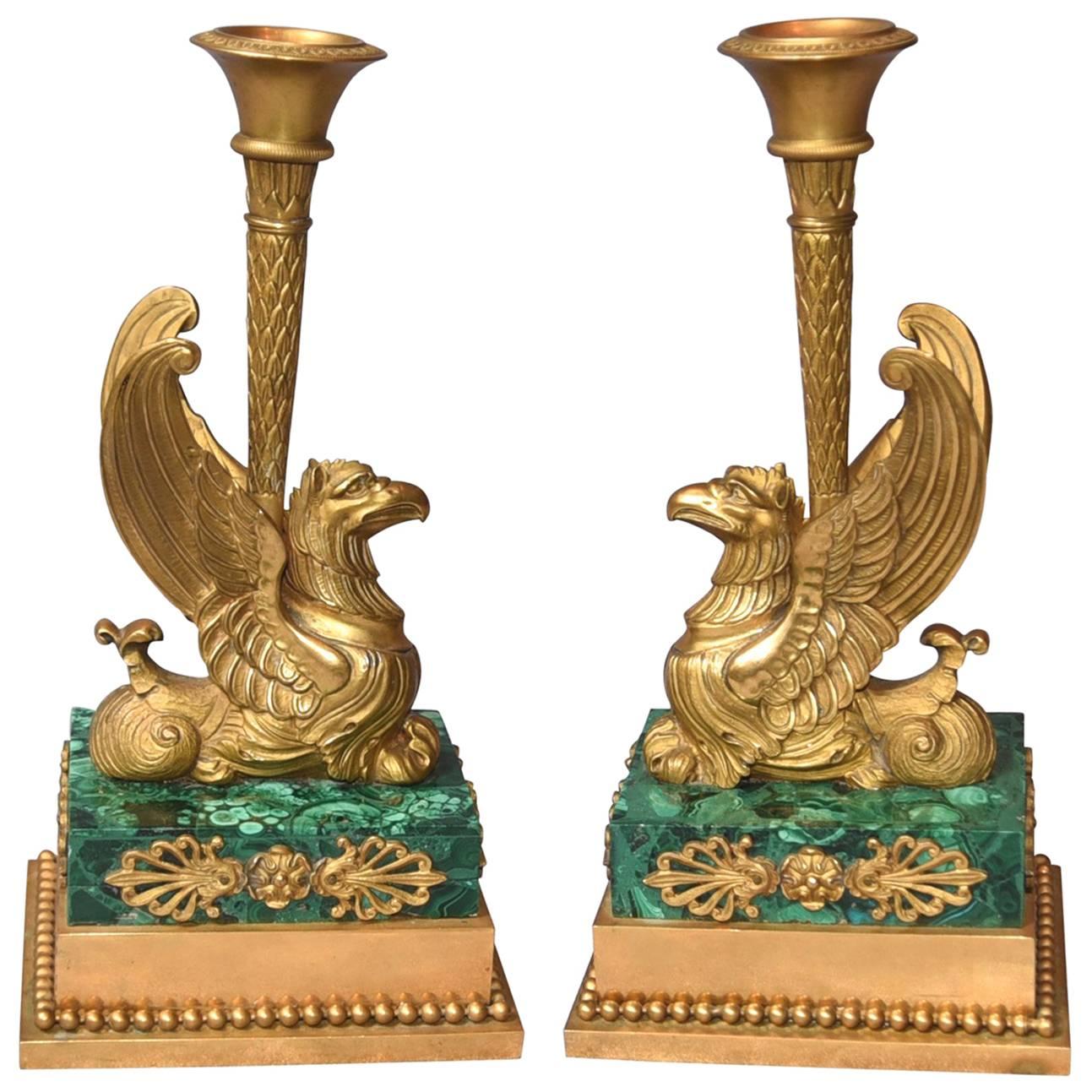 Pair of Antique French Empire Bronze Griffin Candlesticks Malachite For Sale
