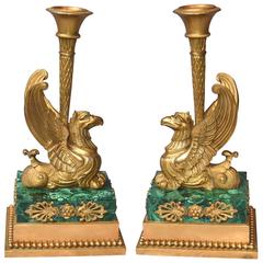 Pair of Antique French Empire Bronze Griffin Candlesticks Malachite