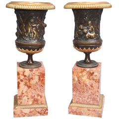 Pair of Italian Grand Tour Bronze Campana Urns on Marble Pedestal Bases, 1900