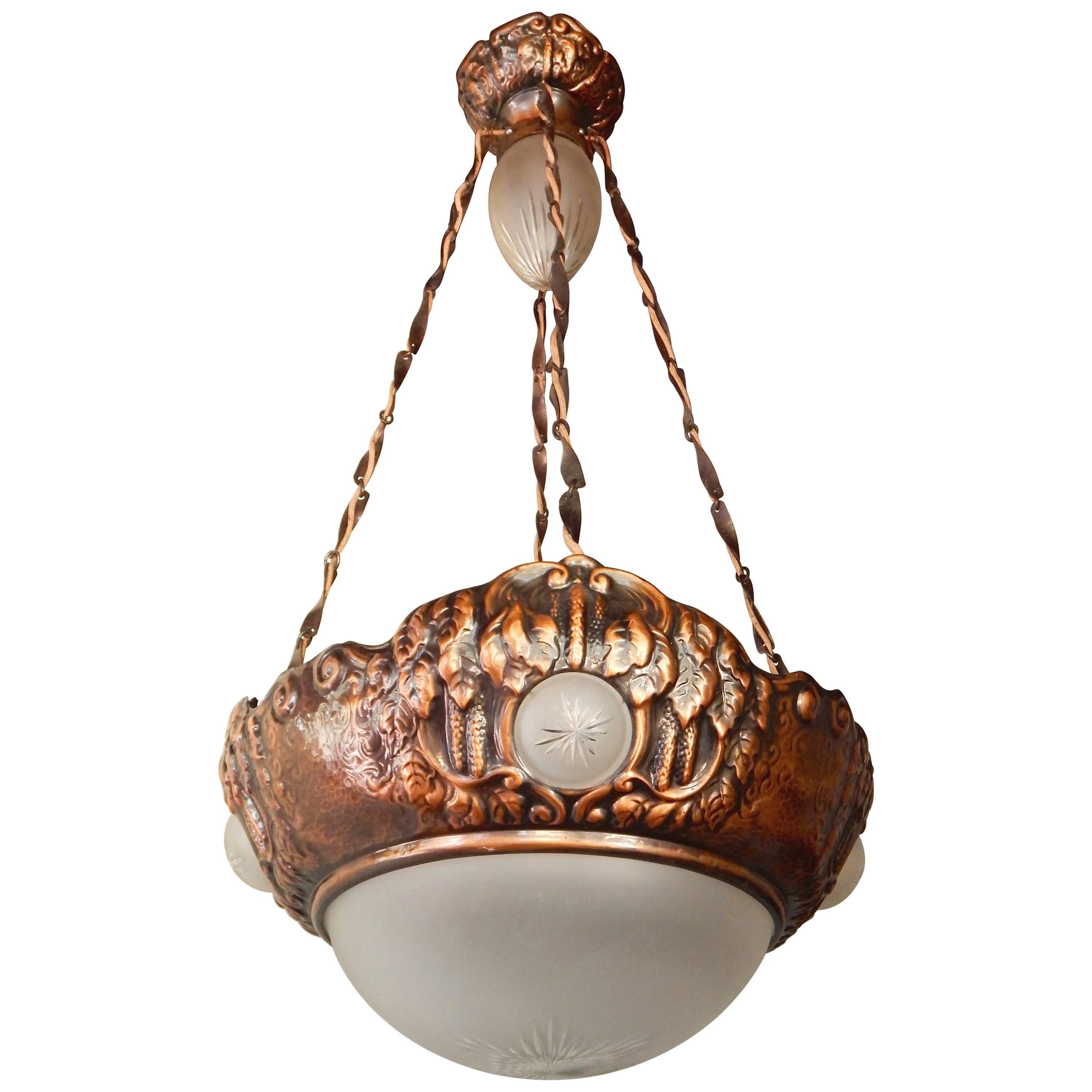 Swedish Victorian Copper Hanging Fixture with Floral Motifs, circa 1900 For Sale