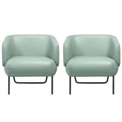 European modern pale teal green leather and black epoxy armchairs