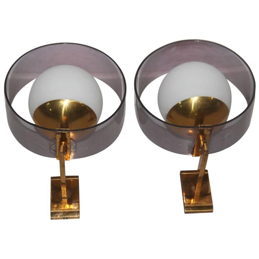 Pair of Stilux Wall Sconces  Plexiglass Brass Glass Mid-Century Modern  For Sale