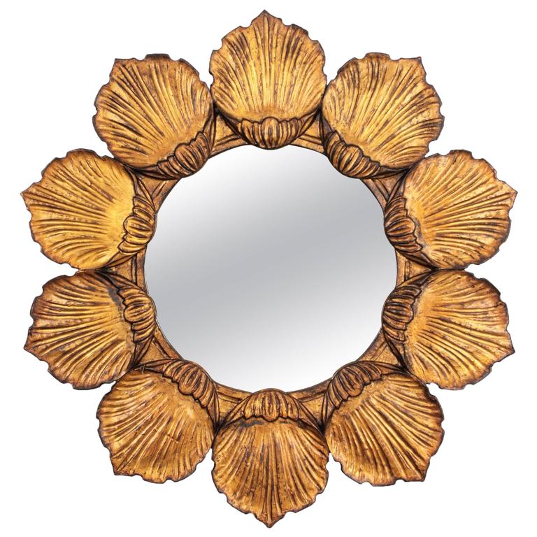 1950s French Flower Shaped Sunburst Giltwood Mirror For Sale at 1stdibs