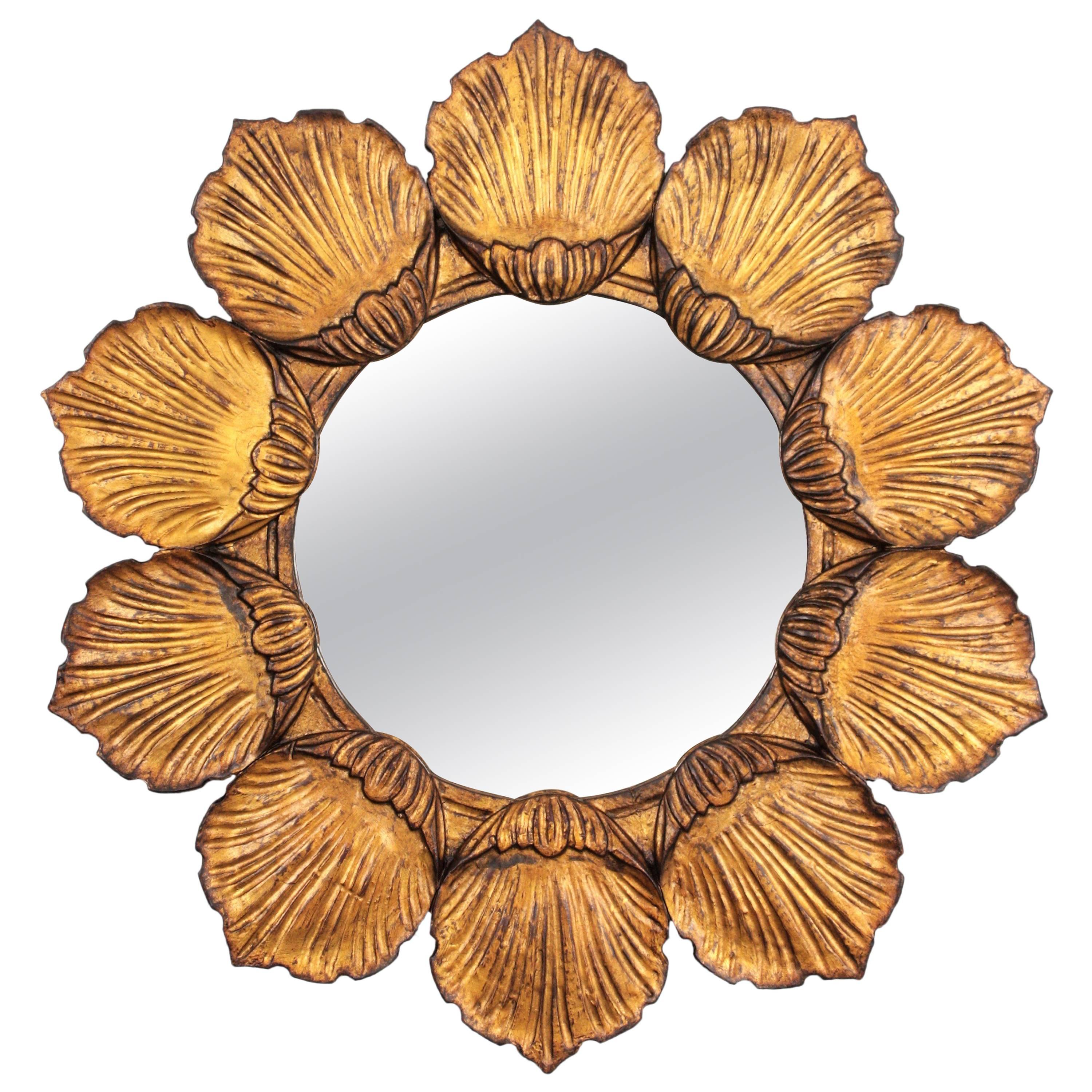 Hollywood Regency Giltwood Carved Flower Sunburst  Mirror, France 1950s