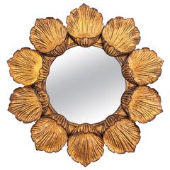 Hollywood Regency Giltwood Carved Flower Sunburst  Mirror, France 1950s