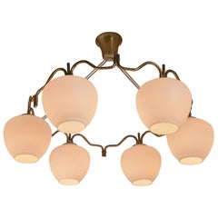 Bent Karlby Brass Six Shade Chandelier for Lyfa, Denmark, 1950s