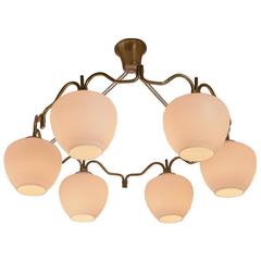 Bent Karlby Brass Six Shade Chandelier for Lyfa, Denmark, 1950s 8