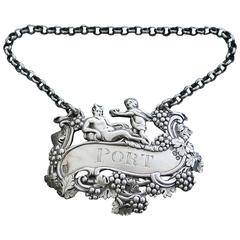 George III Cast Silver Wine Label 'Port', Reclining Dionysus