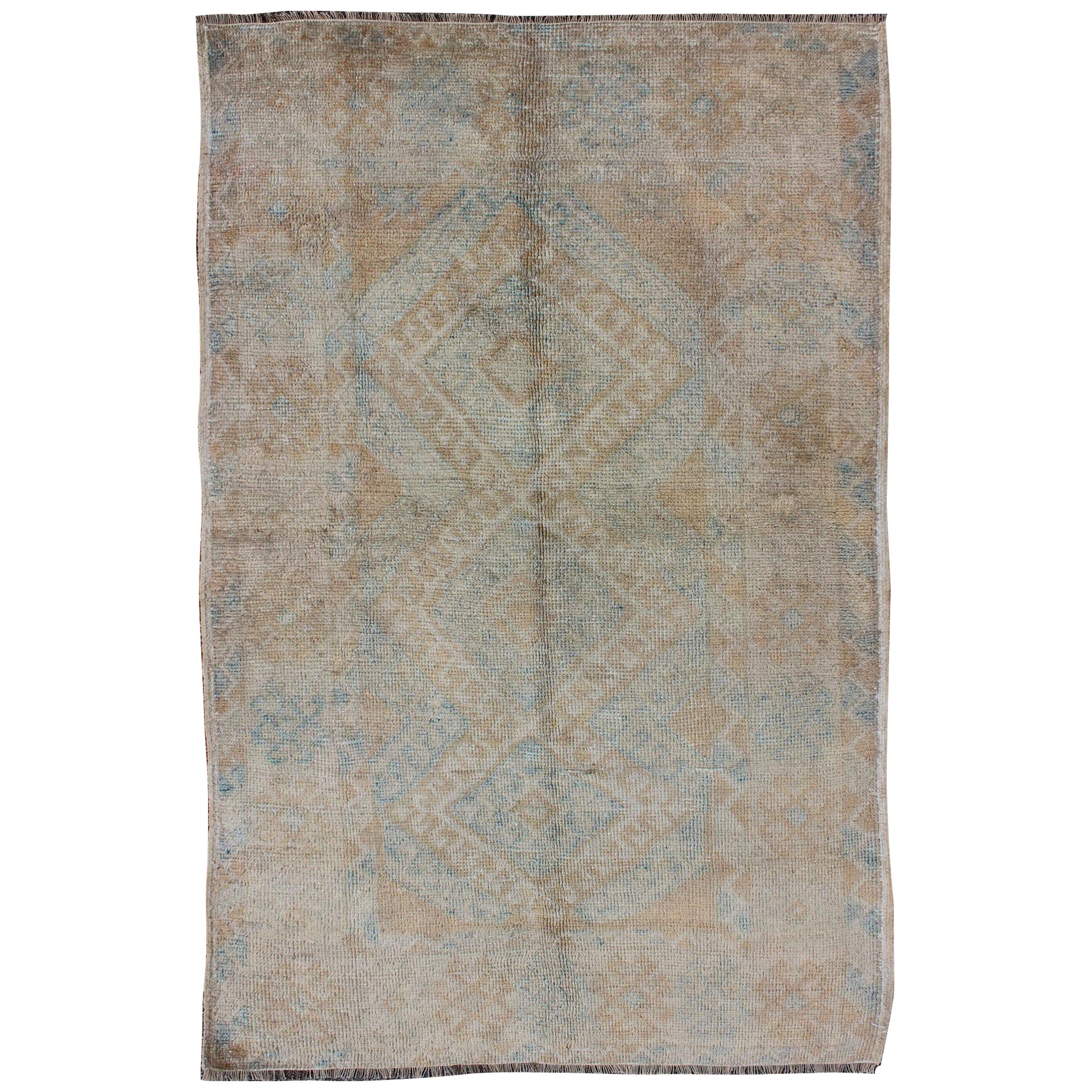 Turkish Oushak Rug with Three Central Medallions in Muted Taupe and Pale Blue